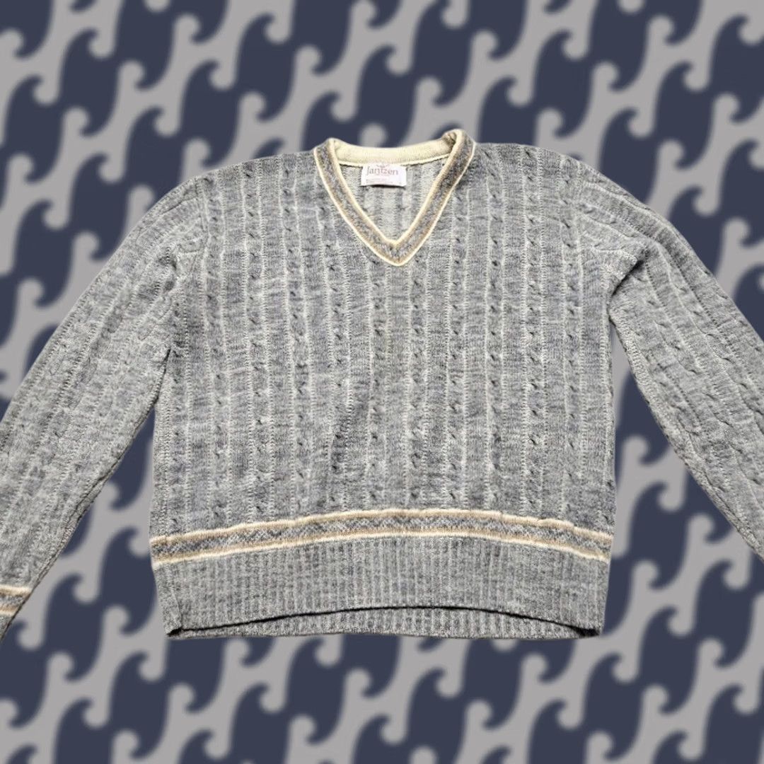 Jantzen VINTAGE Jantzen Cable-Knit Sweater Mens XL Heather Gray Striped 90s Wool Pullover Made In USA Size XL / US 12-14 / IT 48-50 - 1 Thumbnail