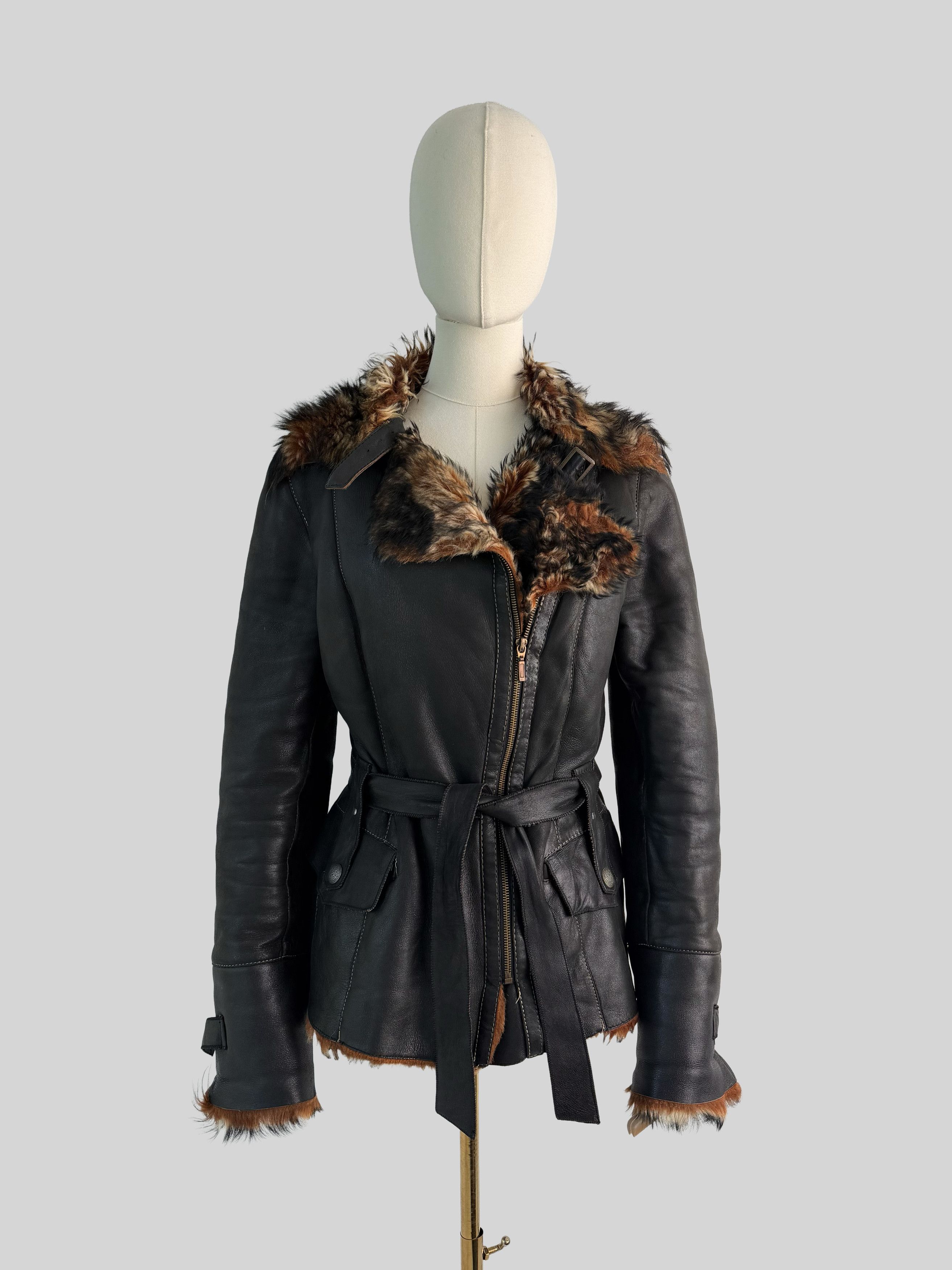 Vintage Vintage Sheepskin Jacket Belted Y2K Moto Biker Coat (ET1) Size S / US 4 / IT 40 - 1 Thumbnail