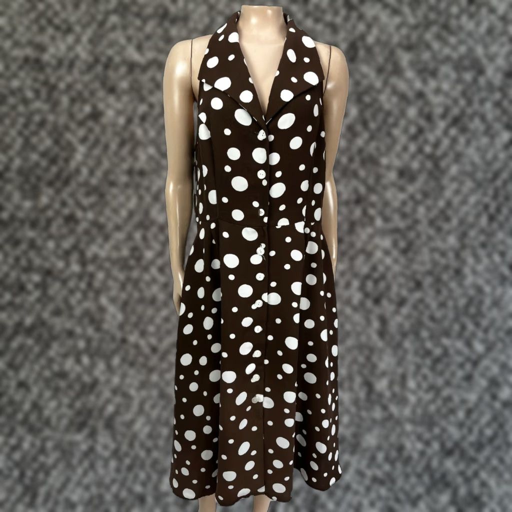 Vintage VINTAGE S.L. Fashions Dress Button Long Polka Dot Polyester Midi Womens 1990s Brown 40" Chest 50 Hip 49 Shoulder to Hem Size XXS / US 00 / IT 34 - 1 Thumbnail