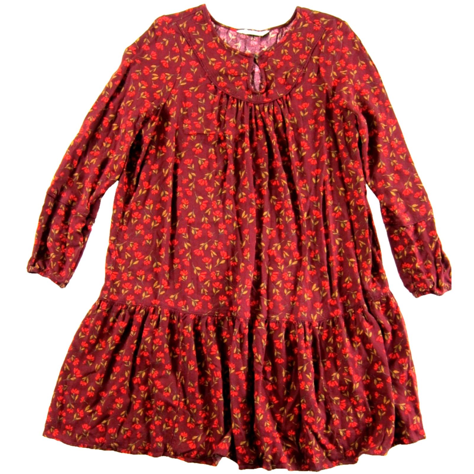 Vintage Sonoma Dress Long Sleeve Midi Smock Tunic 100% Rayon Floral Red Medium Women Theme Bohemian Hippie Flower Size M / US 6-8 / IT 42-44 - 2 Thumbnail