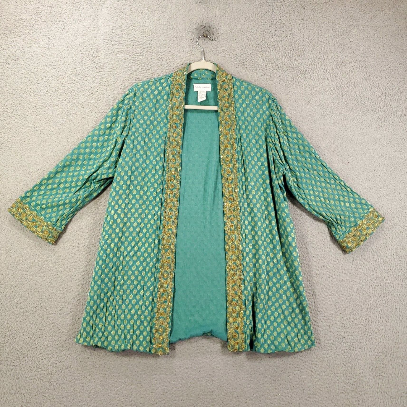 Soft Surroundings Soft Surroundings Sequined Cardigan Womens M Teal Gold Metallic Open Lined Bohemian Geometric Relaxed Fit Blouse Cardigan Accessories Size M / US 6-8 / IT 42-44 - 2 Thumbnail