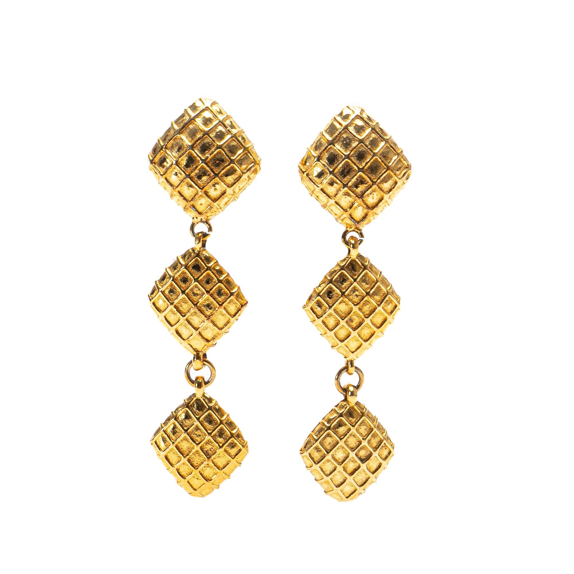 Chanel Gold Plated Quilted Diamond Dangle Clip on Earrings Gold
