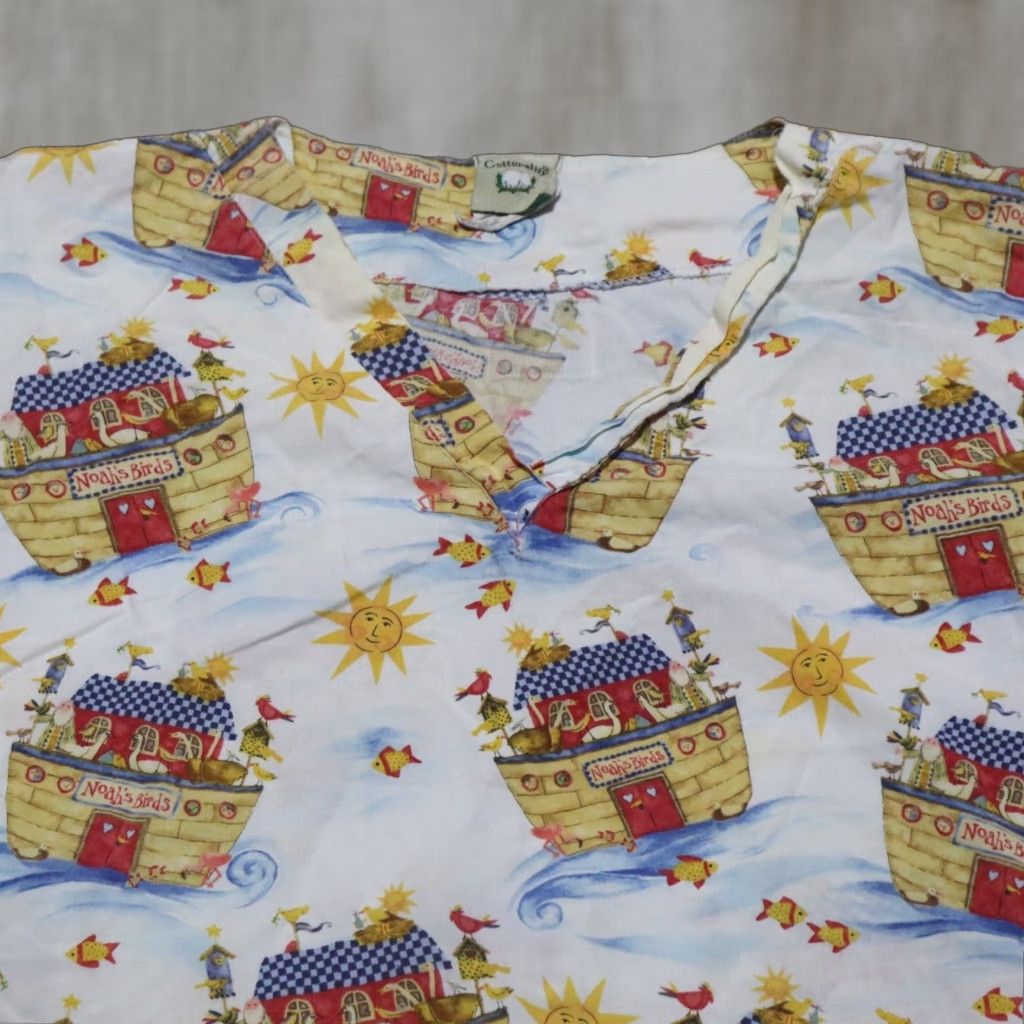 Vintage Cottonality Shirt Adult 2XL Blue Noahs Ark Cross Bible Faith Scrub Top Patterned Women Size US XXL / EU 58 / 5 - 1 Thumbnail
