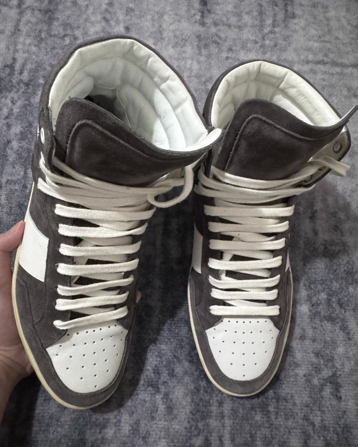Saint Laurent Paris Saint Laurent Dark Gray Suede Side-Stripe High-Top Sneakers Size US 7 / EU 40 - 1 Thumbnail