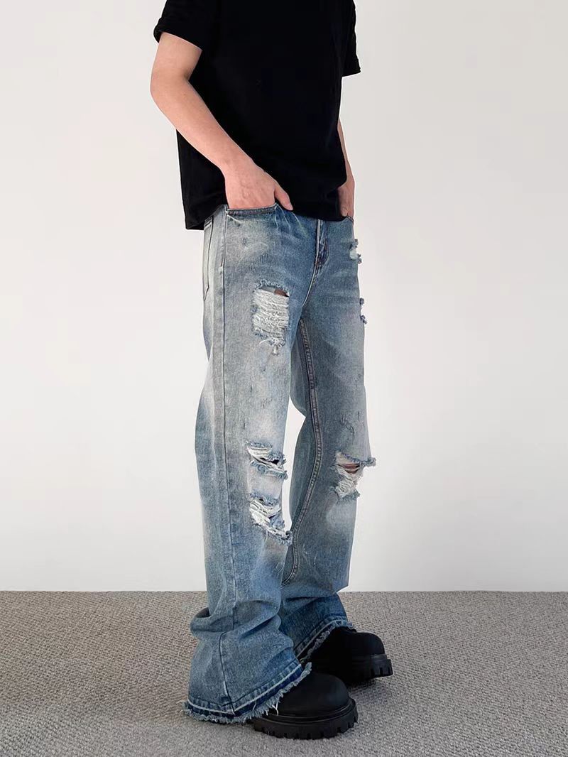 Japanese Brand Street Hip Hop Ripped Straight Leg Micro Flare Jeans Size US 30 / EU 46 - 2 Thumbnail