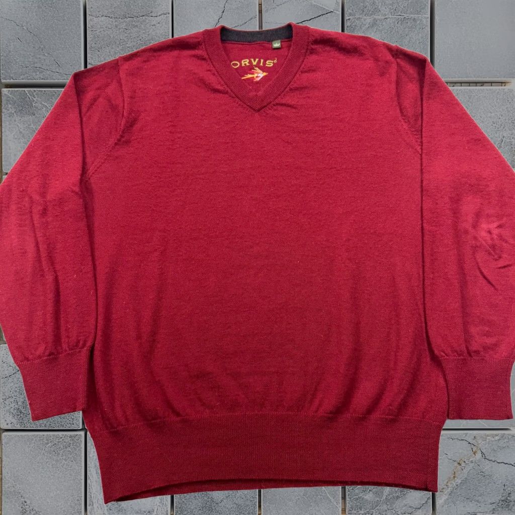 Orvis Mens Large Burgundy Red Wool V-Neck Pullover Sweater Fly Fishing Logo in Brown, Men's
