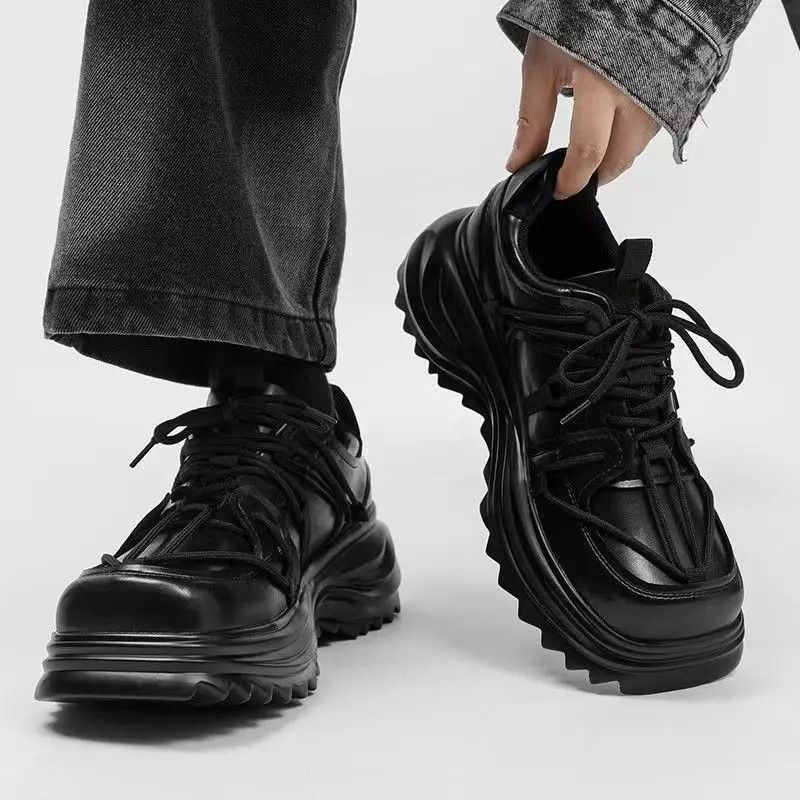 Designer Retro High Street Thick Sole Casual Leather Shoes in Black, Men's (Size 8.5)