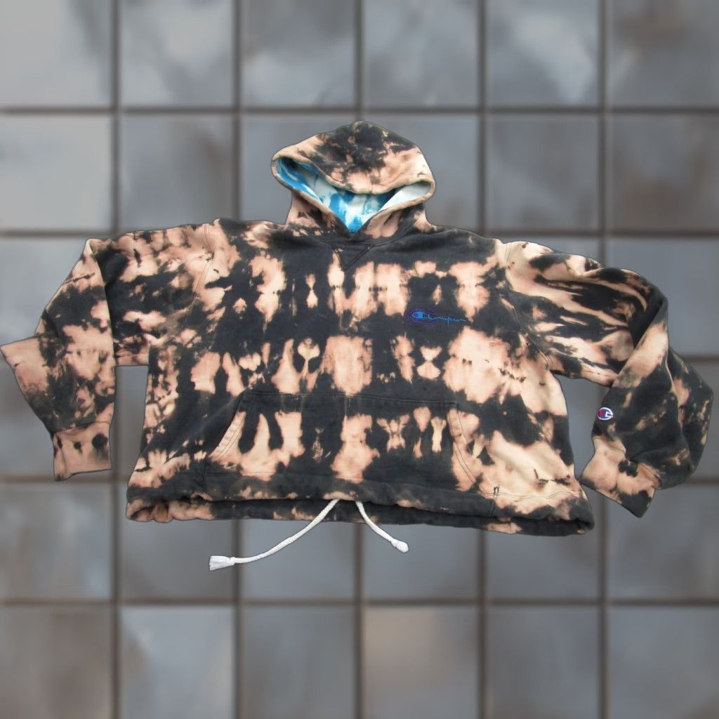 Champion Vintage Champion Hoodie XL Black Tan Bleach Tie Dye USA Made 90s Grunge Size US XL / EU 56 / 4 - 1 Thumbnail