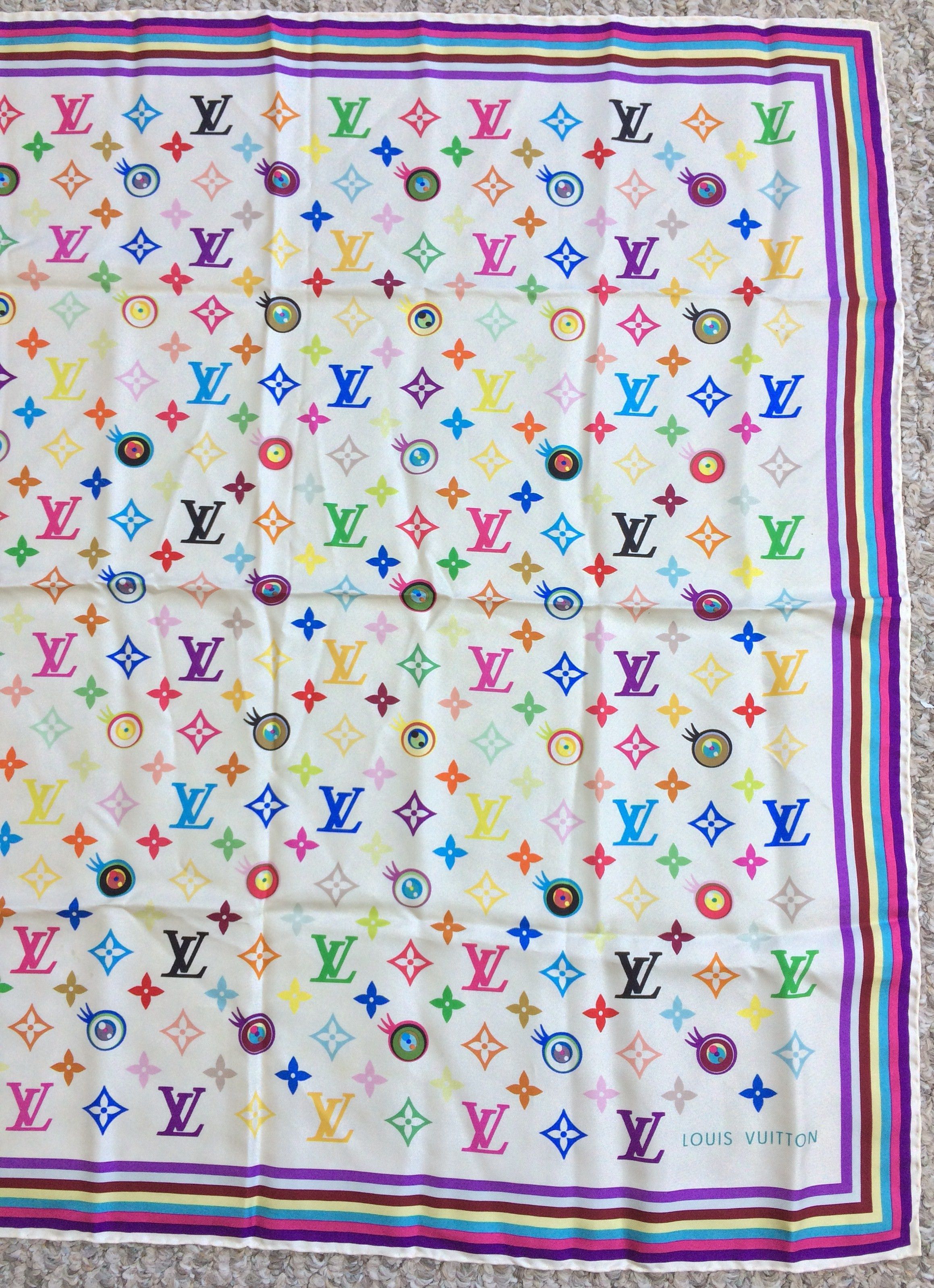 Louis Vuitton S/S 2003 Vuitton Murakami Multicolor Monogram Silk Scarf Size ONE SIZE - 3 Thumbnail