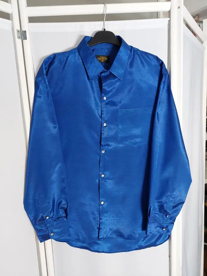 image of 100% Silk Shirt Thai Silk By Apple Luxury Blue Vintage, Men's (Size 2XL)