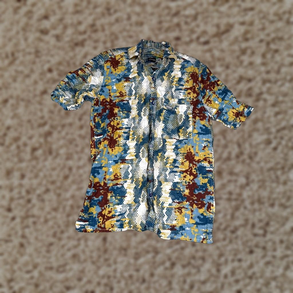 Vintage Woodin Hawaiian Shirt Men Small Blue Camo Polka Dot 100% Linen Beach Button Up Size US S / EU 44-46 / 1 - 1 Thumbnail
