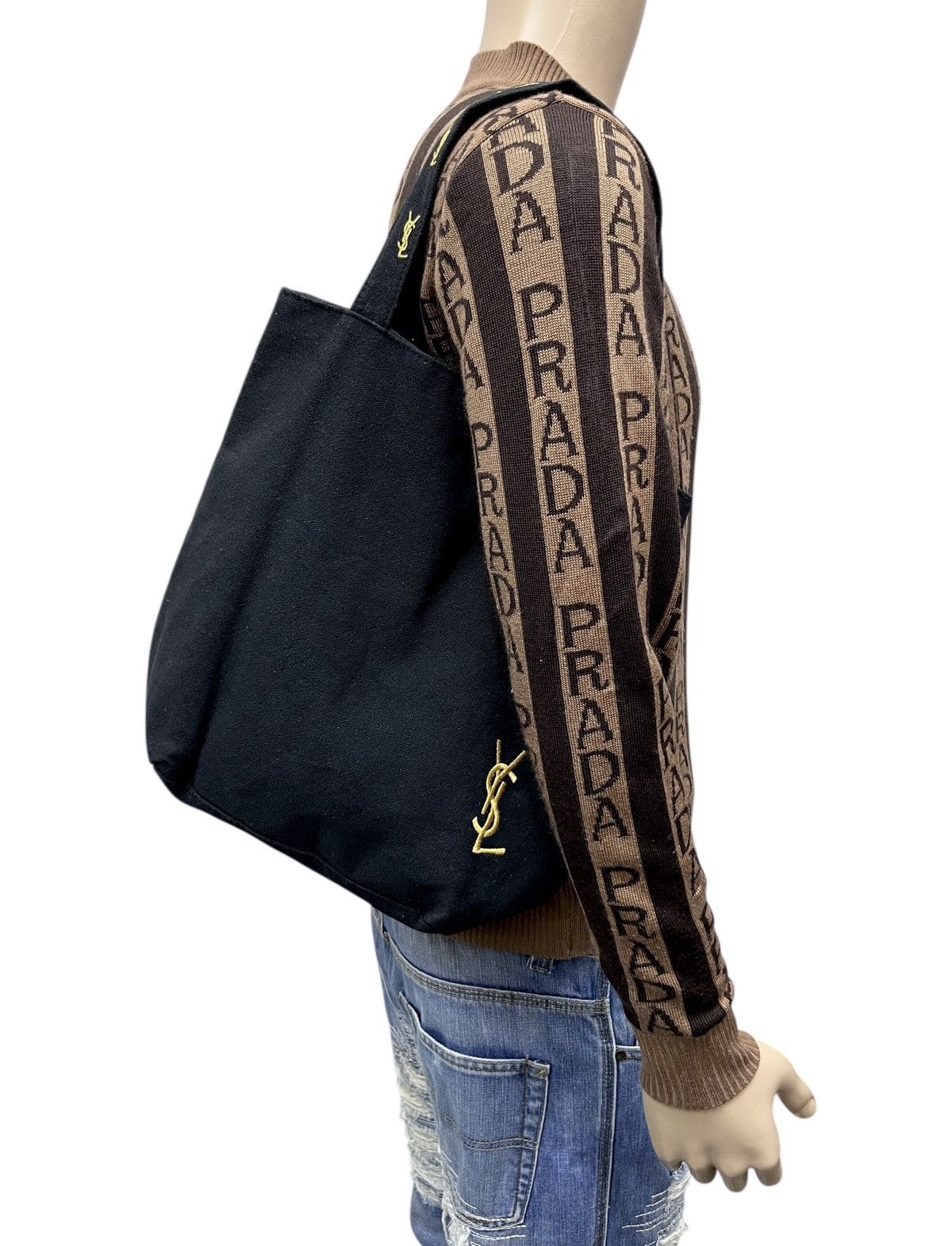 Vintage YSL Parfums Big Embroidery Cotton Canvas Tote Bag in Black, Women's