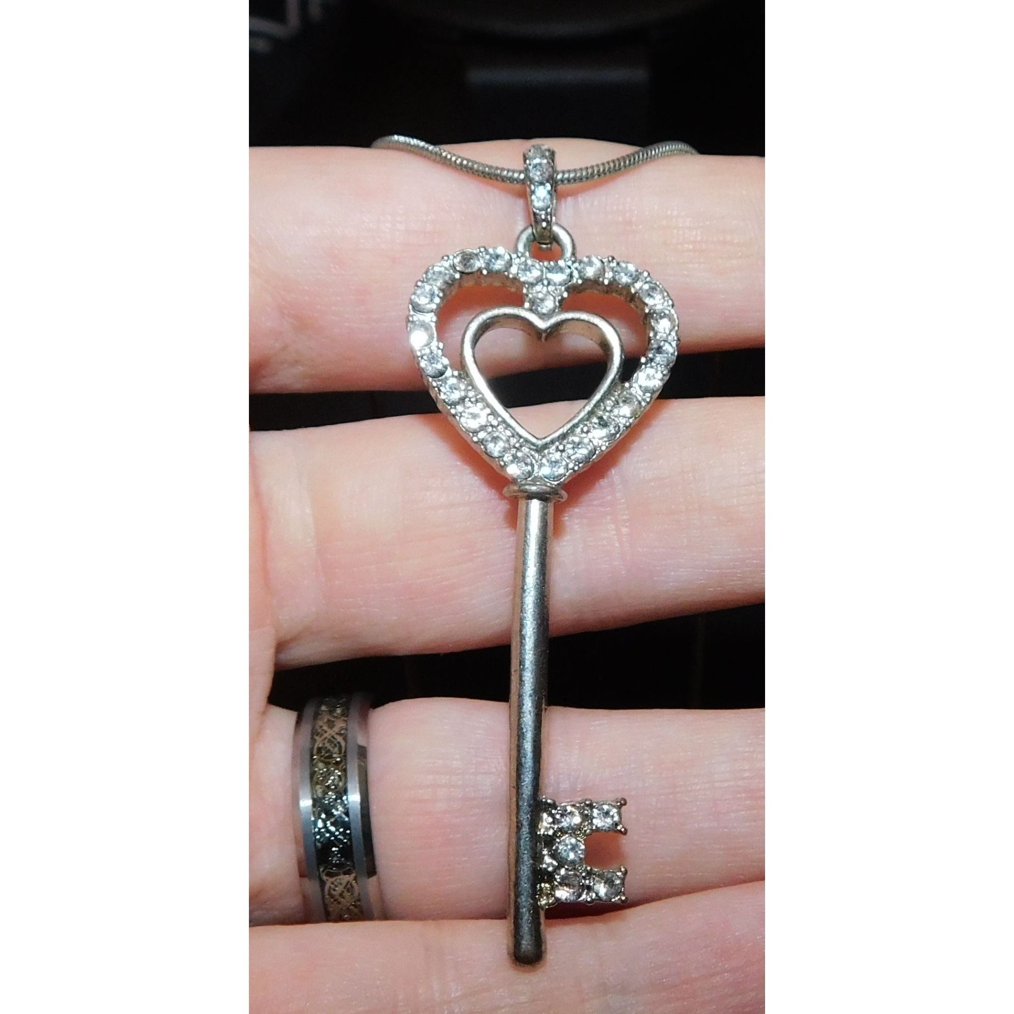 Other Whimsical Heart Key Necklace Silver Tone With Rhinestones Size ONE SIZE - 2 Thumbnail