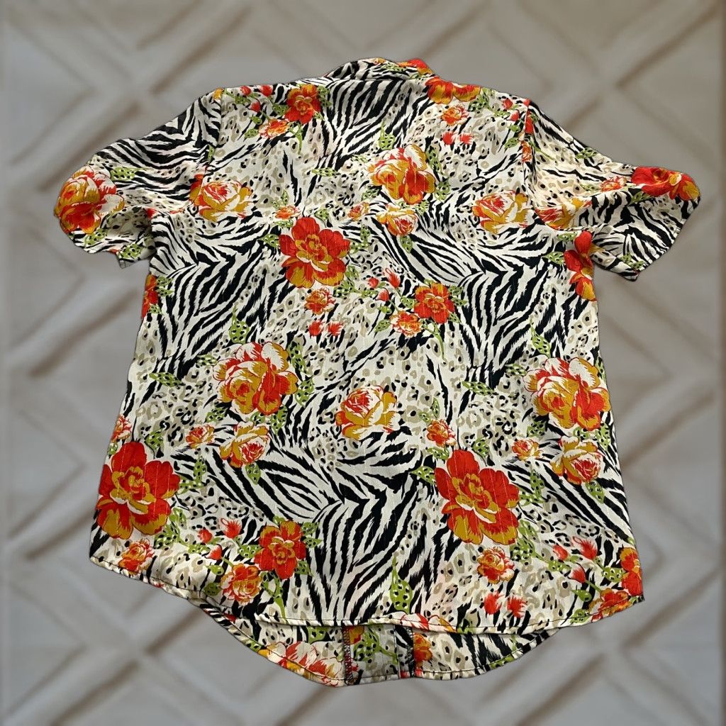 Lancel Gloria Lance Button Up Shirt Women XL Multicolor Zebra Floral Padded Shoulders Knit Polyester Spandex Casual Floral Bohemian Hawaii Size XL / US 12-14 / IT 48-50 - 1 Thumbnail