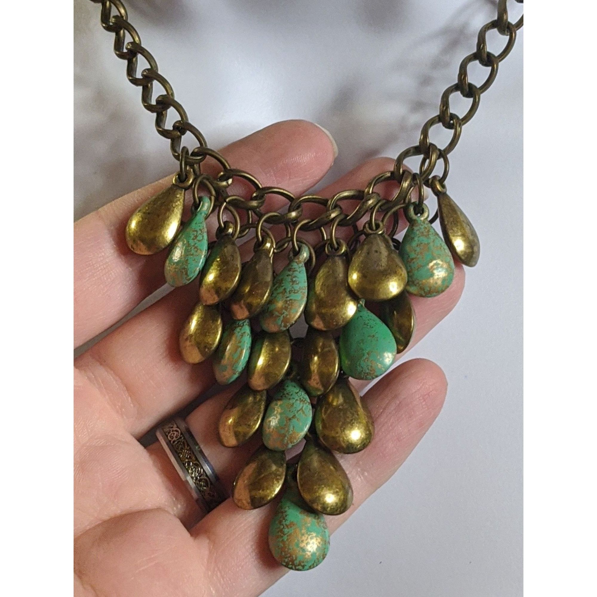 Other Vintage Bohemian Brass Teardrop Necklace With Turquoise Pain Size ONE SIZE - 2 Thumbnail