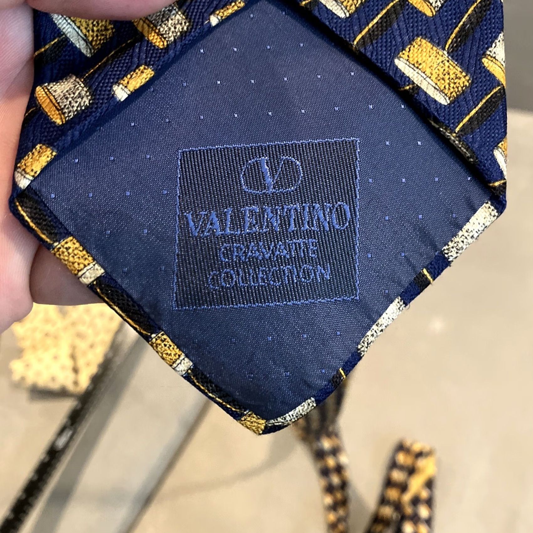 Valentino VINTAGE Valentino Cravatte Collection Tie Navy White Yellow Pattern Men Blue Geometric Tie Size ONE SIZE - 4 Thumbnail