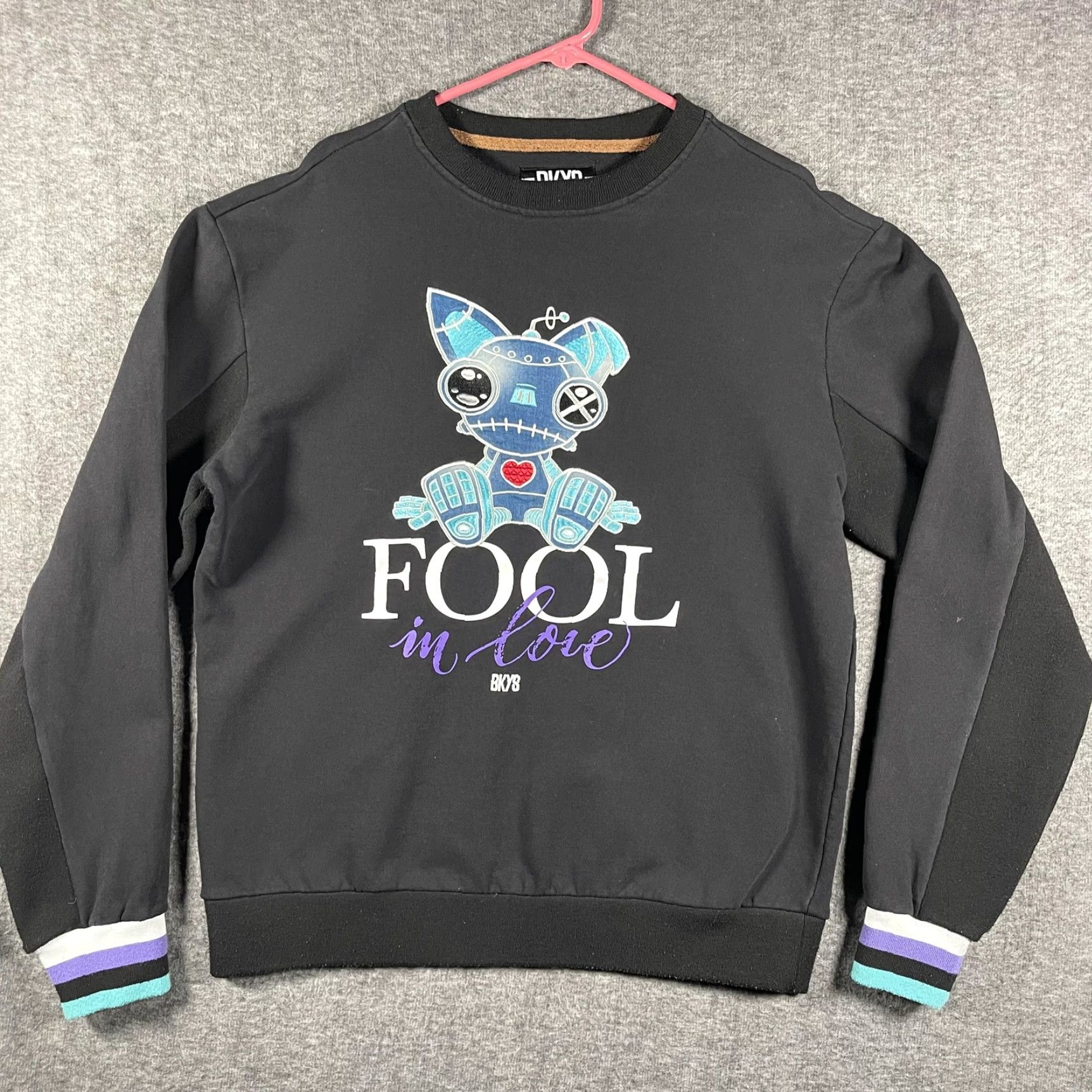 Vintage BKYS Sweatshirt Mens XL Black Fool In Love Robot Cat Graphic Pullover Crewneck Size US XL / EU 56 / 4 - 2 Thumbnail