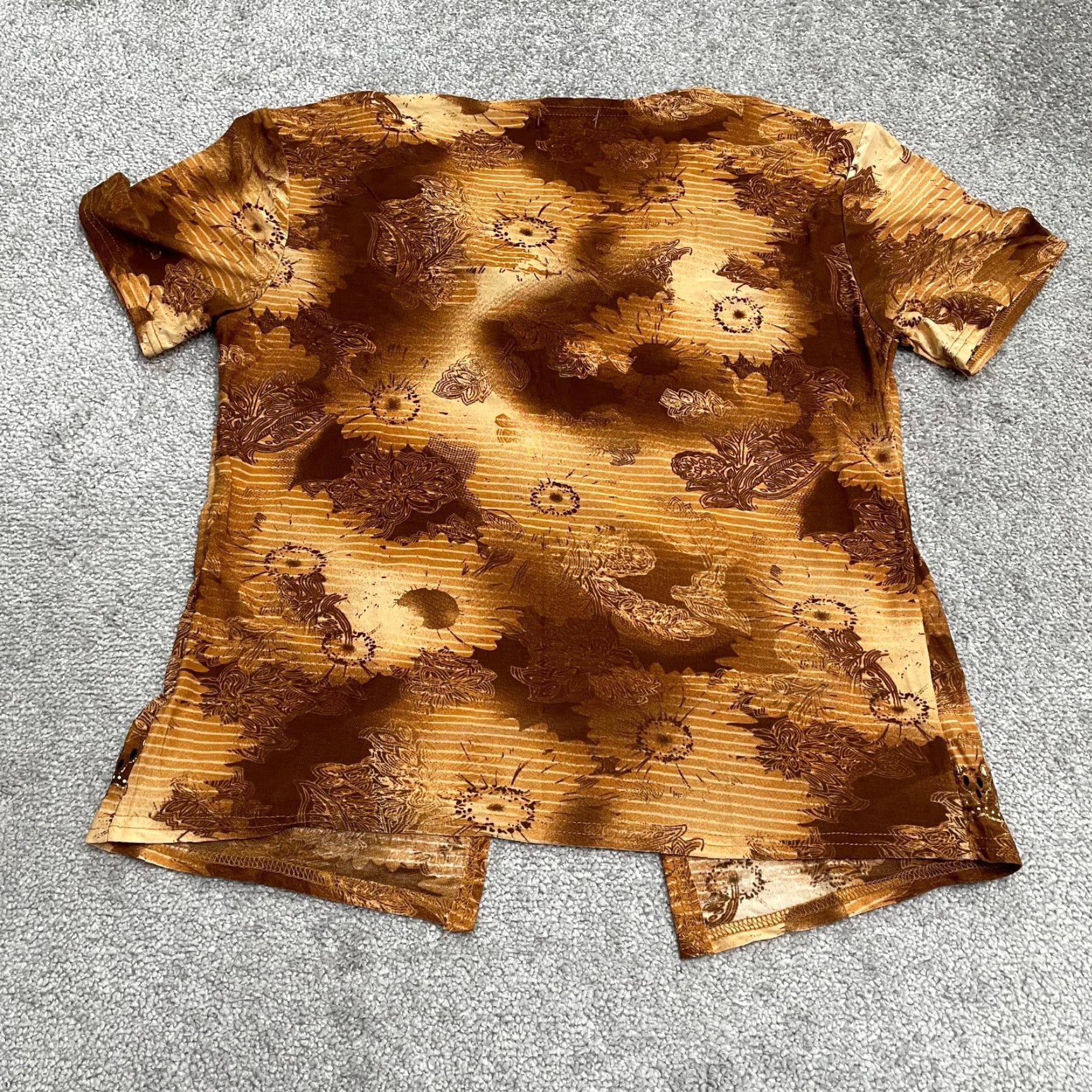 Vintage T-C Fashion Open Cover Up Top Womens Medium Brown Floral Casual Bohemian Knit V-Neck Short Sleeve Lightweight Stretch Shirt Blouse Beach Kimono Size M / US 6-8 / IT 42-44 - 2 Thumbnail