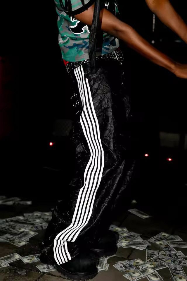 Japanese Brand Y2K Distressed PU Leather Track Pants -Baggy Stripe Wide Leg Size US 30 / EU 46 - 4 Thumbnail