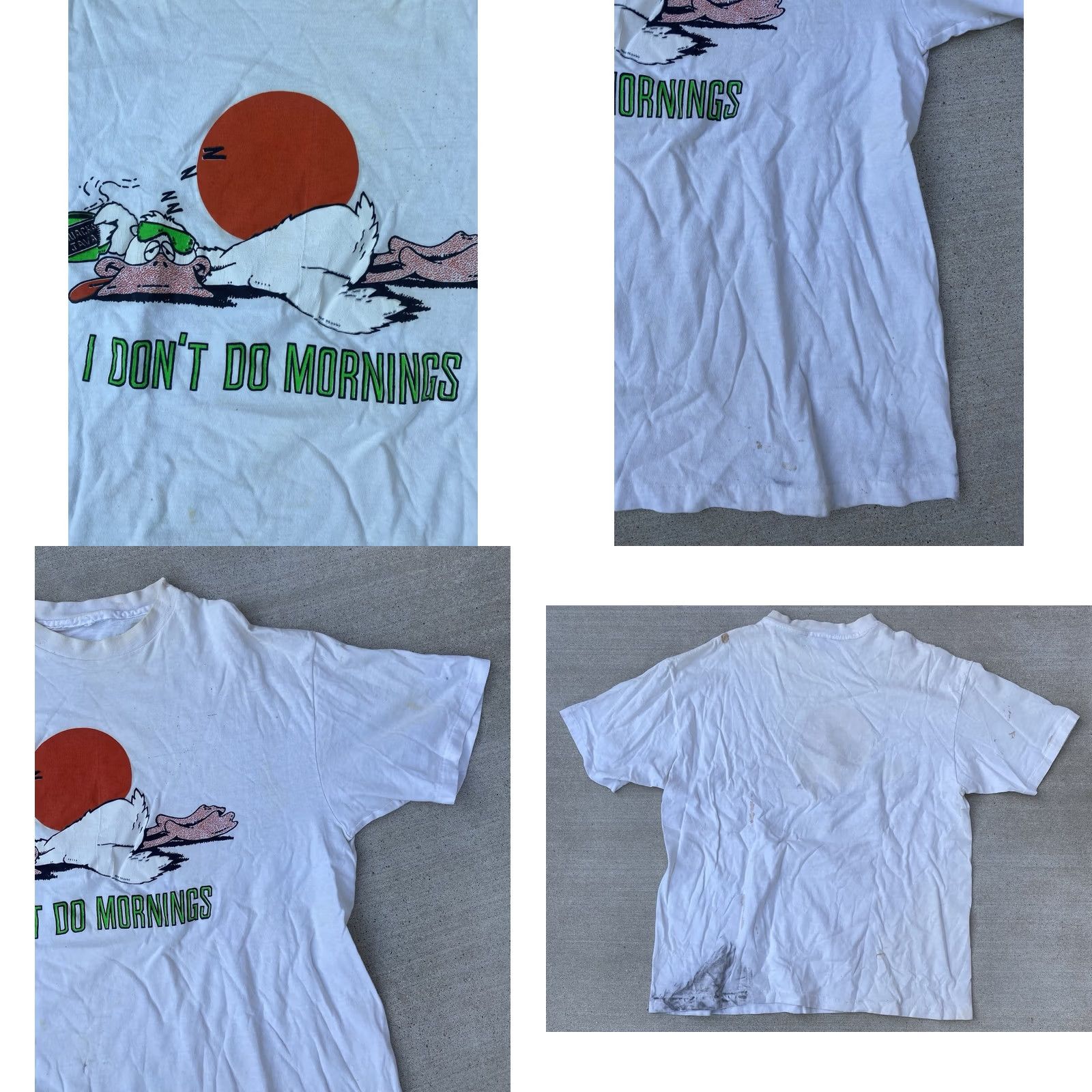 Vintage Vintage I Dont Do Mornings Quacks Java T Shirt XL White Bird Single Stitch Distressed Stained Holes Mens Shirt Size US XL / EU 56 / 4 - 10 Thumbnail
