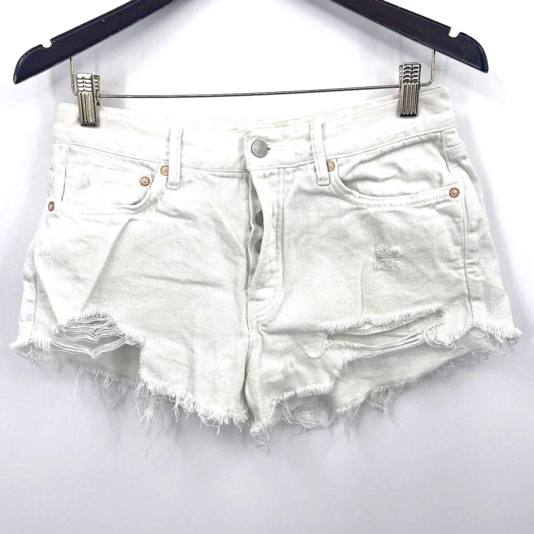 Vintage We The Free Denim Shorts Womens 27 White Cut Offs Raw Hem Button Fly Boho y2k Vintage/Not Vintage Size 27" / US 4 / IT 40 - 2 Thumbnail
