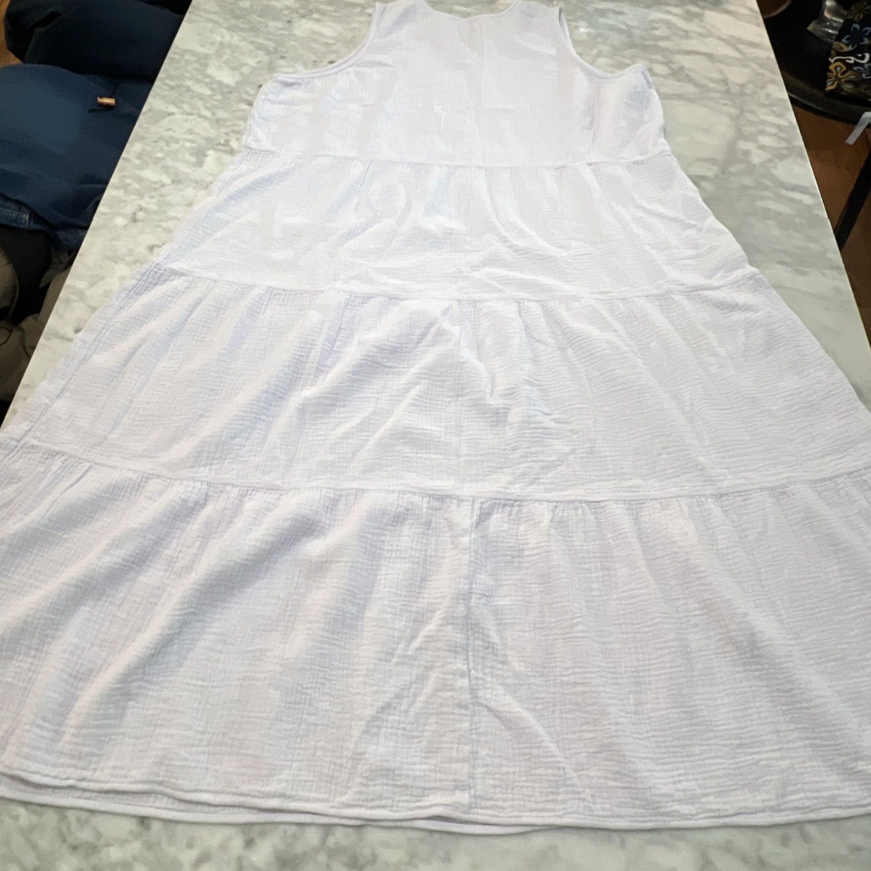 Vintage Side Stitch Dress 2X White Sleeveless Plush Crinkle Gauze Tiered A-Line Women Long Spring Summer Size XXL / US 16-18 / IT 52-54 - 5 Thumbnail