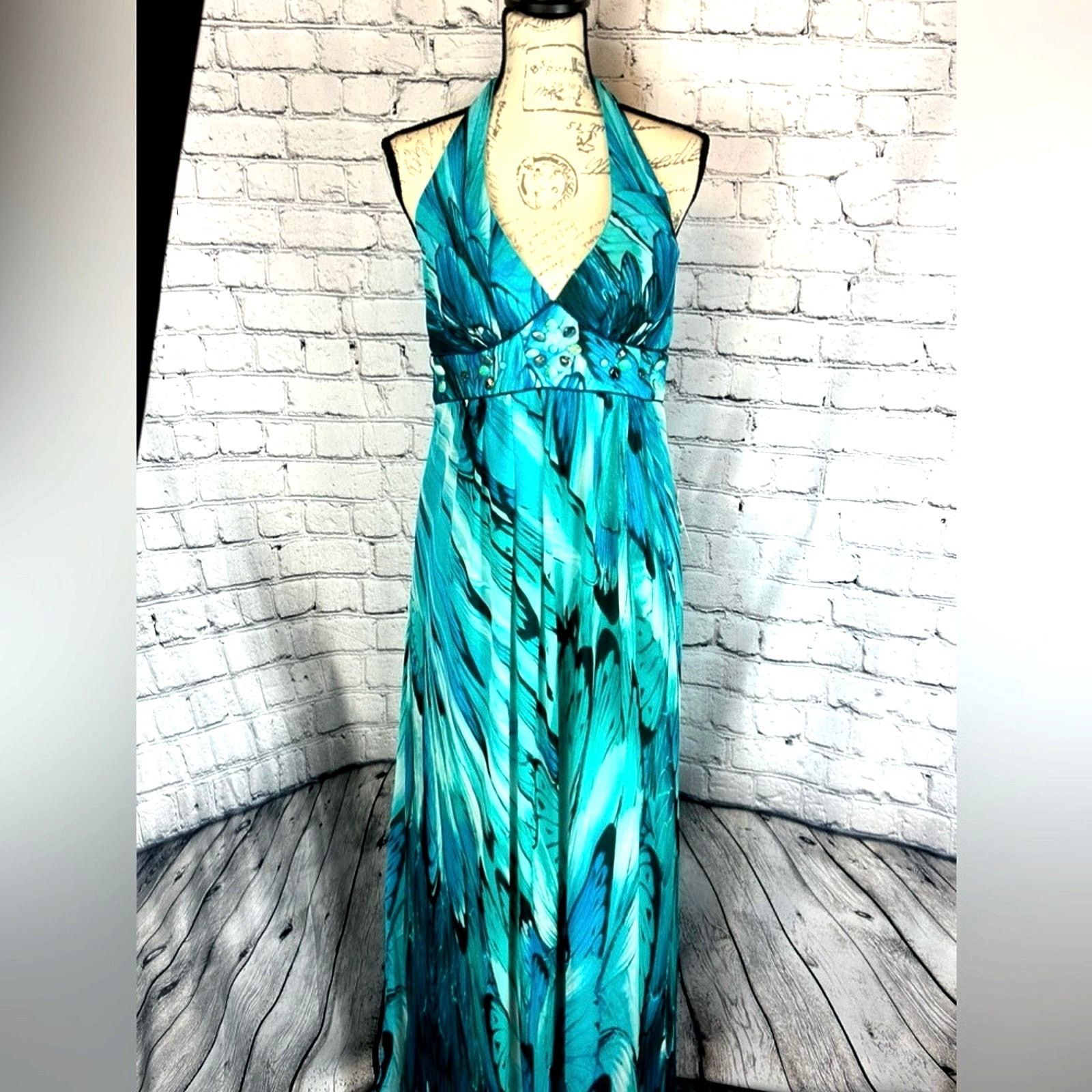 Other Bisou Bisou Halter Top Teal Blue Waterfall Gown - Size 14 Size XL / US 12-14 / IT 48-50 - 3 Thumbnail
