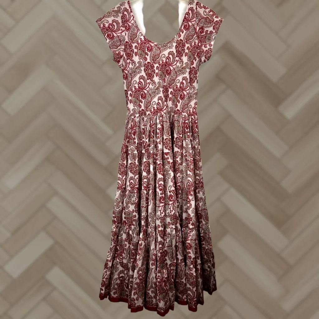 Soft Surroundings Soft Surroundings Dress Womens S Midi Paisley Boho Red Short Sleeve Cap Neck Scoop Ruffle Vintage? No, Regular Fit & Flare Size S / US 4 / IT 40 - 1 Thumbnail