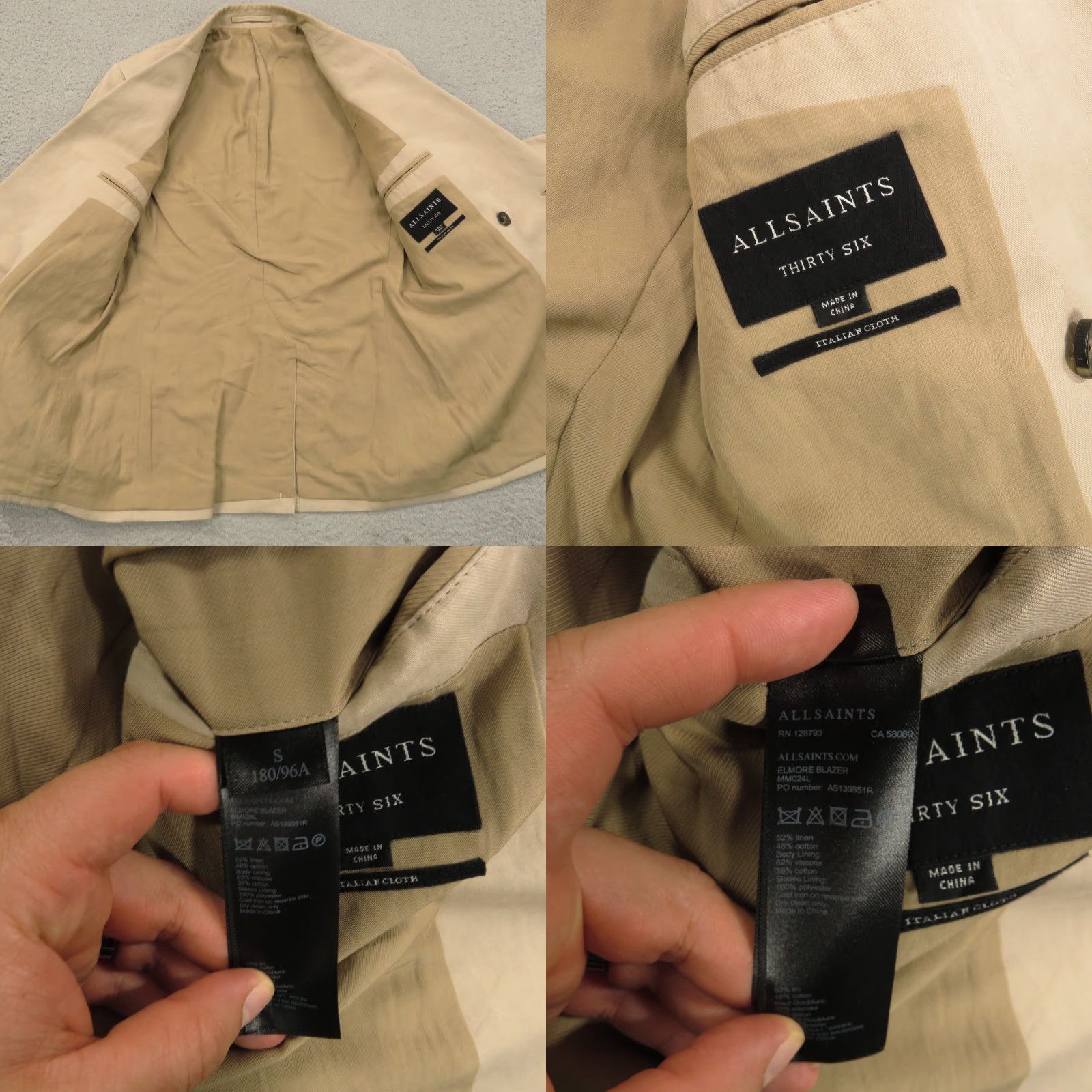 Allsaints VINTAGE AllSaints Blazer 36R Jacket Mens Double-Breasted Linen Cotton Tan Beige 4-Button Peak Lapel Suits Coat Solid Size 36R - 9 Thumbnail