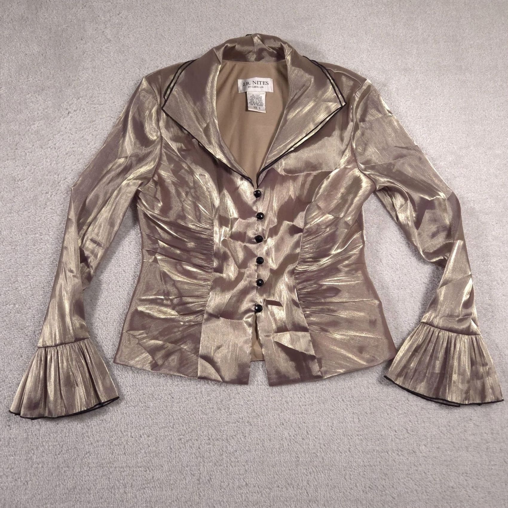 Vintage J.R. Nites Blazer Womens 6 Gold Metallic Shimmer Ruched Tuxedo Pleated Sleeve Jacket Size M / US 6-8 / IT 42-44 - 2 Thumbnail