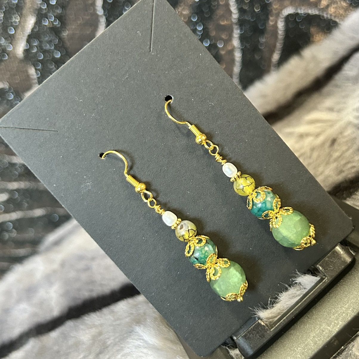 Handmade Handcrafted green crackle glass dragon vein agate earrings Size ONE SIZE - 1 Thumbnail