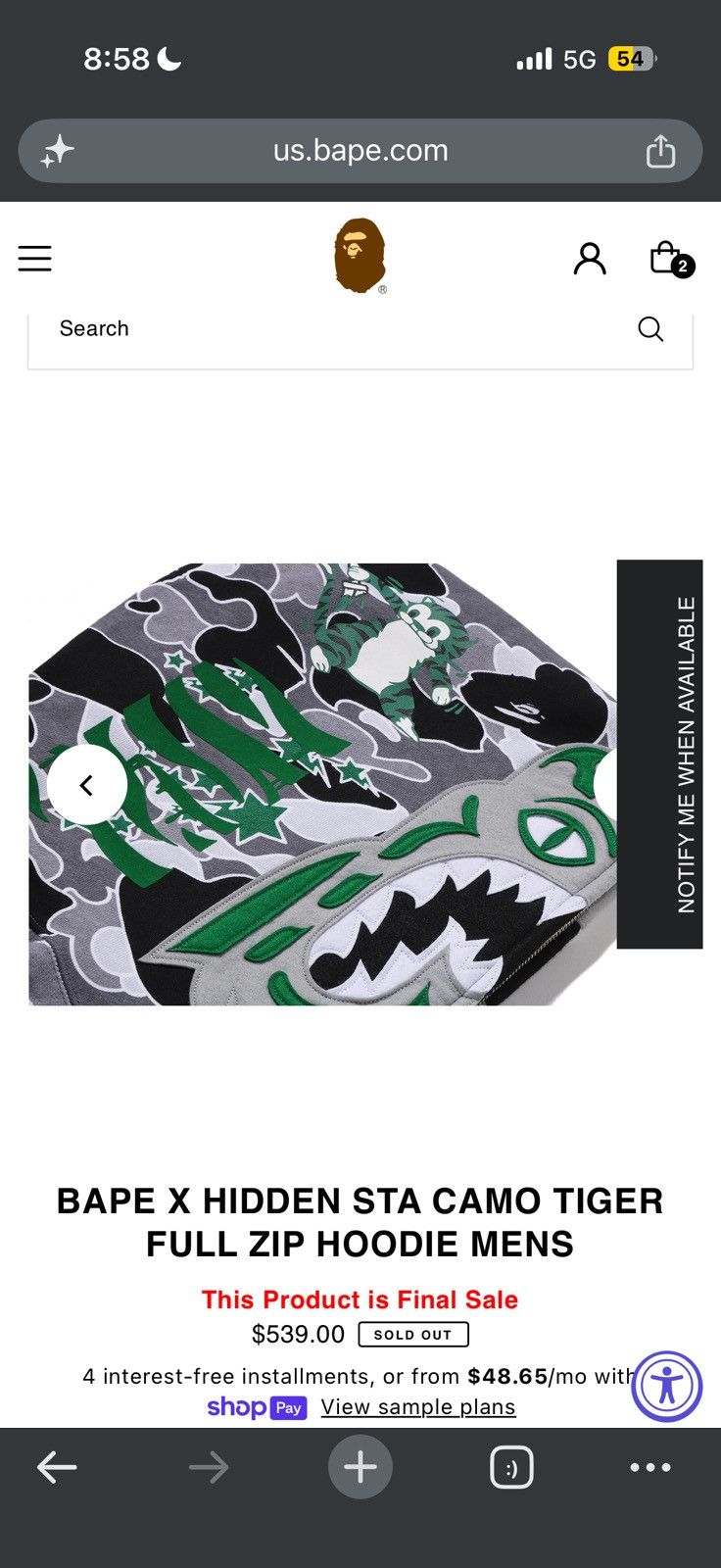 Bape BAPE X HIDDEN STA CAMO TIGER FULL ZIP HOODIE Size US XL / EU 56 / 4 - 22 Thumbnail