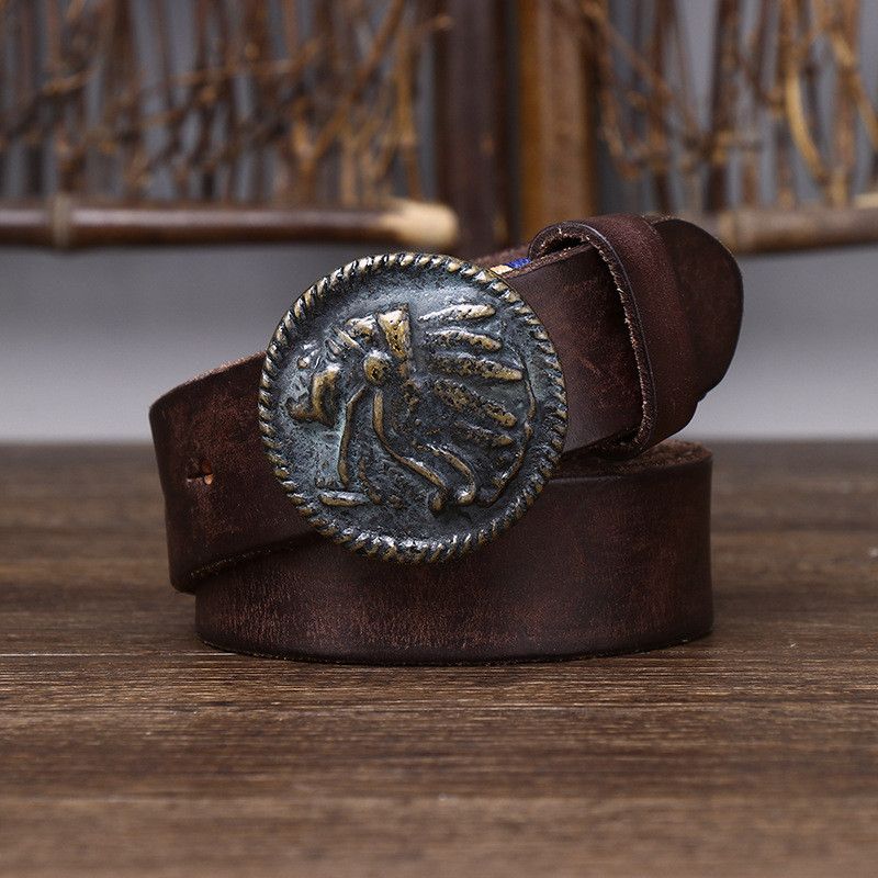 Leather Red Indian Brass Buckle Belt Size ONE SIZE - 5 Thumbnail