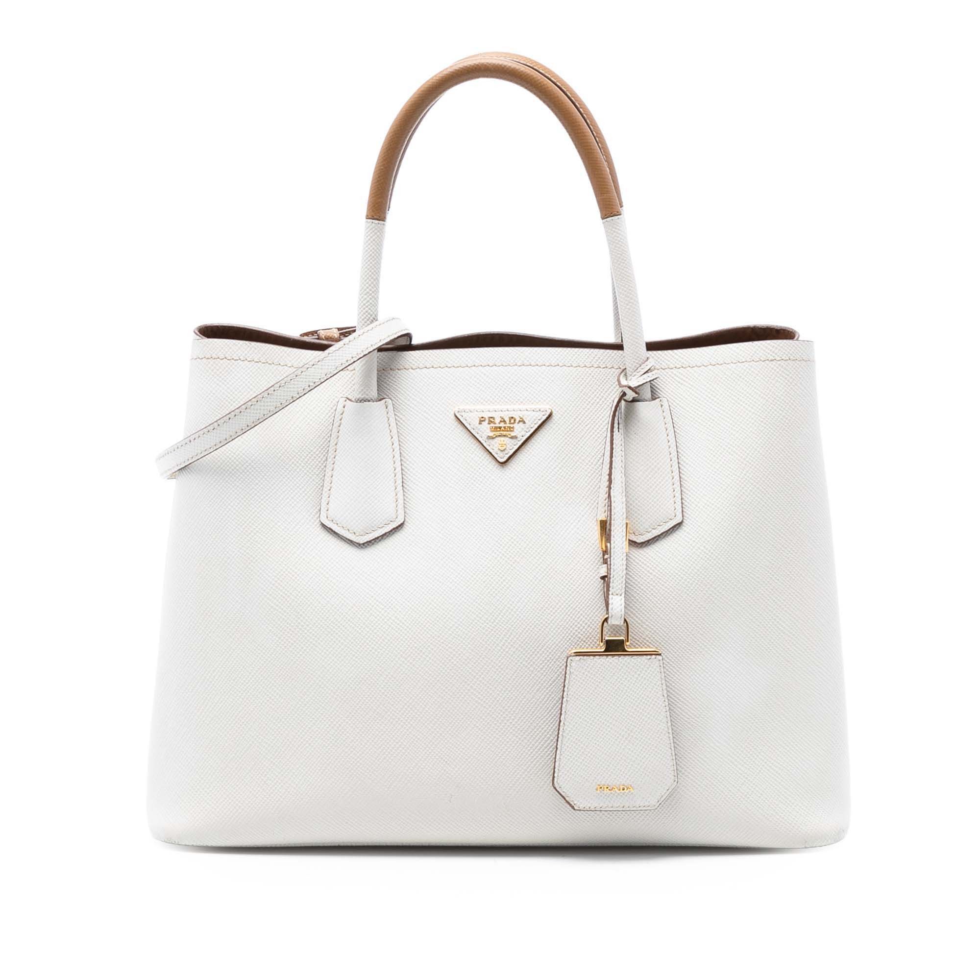 Prada Medium Bicolor Saffiano Cuir Double Satchel in White, Women's
