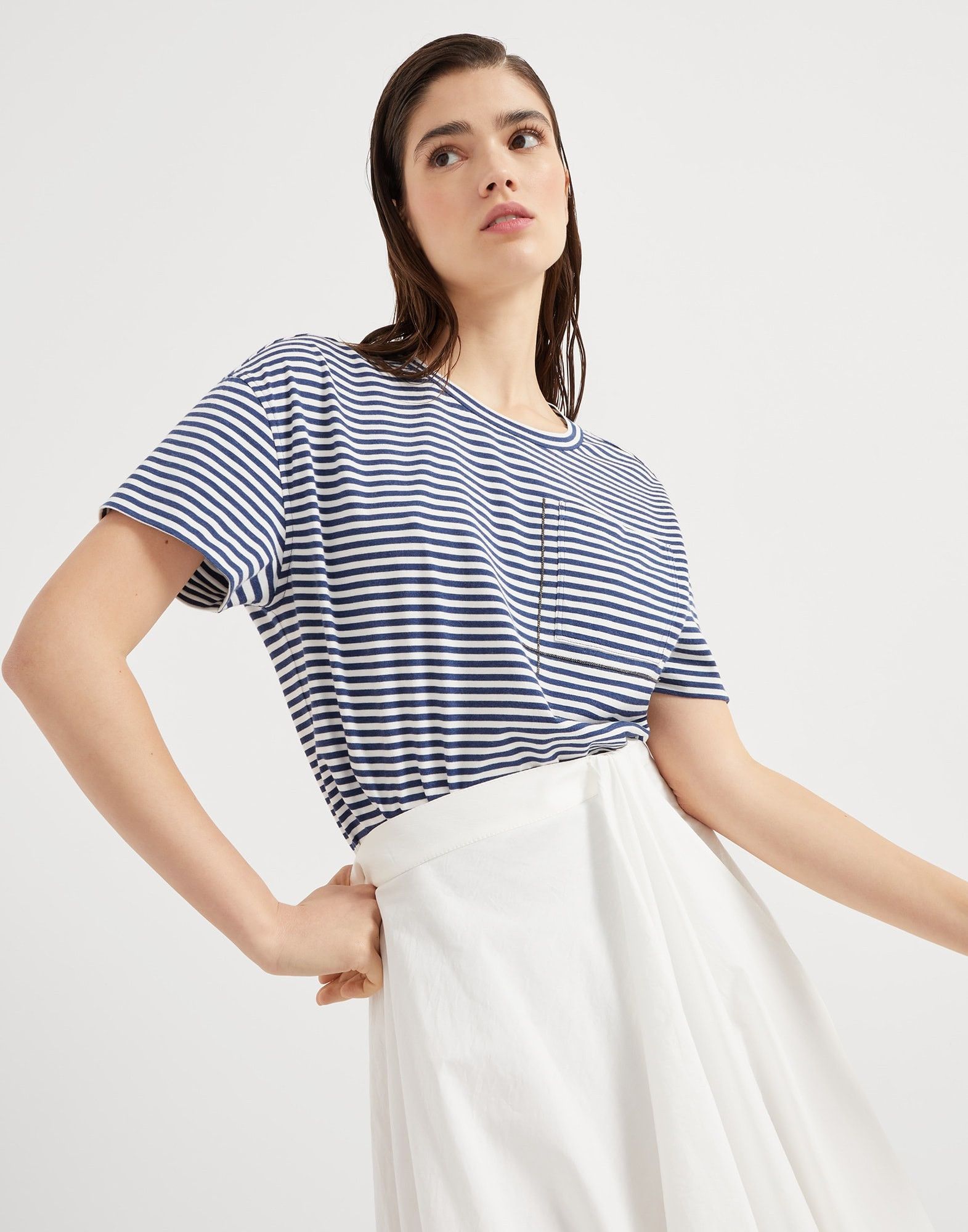 Brunello Cucinelli o1la1rc1a0326 Cotton Striped Jersey T-Shirt in White/Blue Size XL / US 12-14 / IT 48-50 - 4 Thumbnail