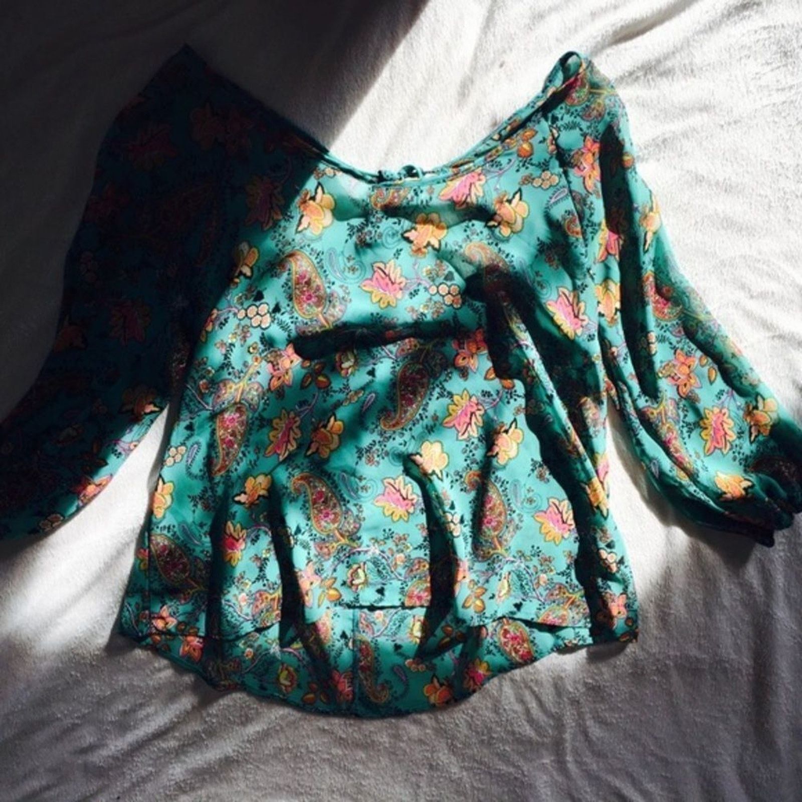 Other Sheer Teal Floral Paisley Peasant Top | Sz S (NO SIZE TAG) Size S / US 4 / IT 40 - 2 Thumbnail
