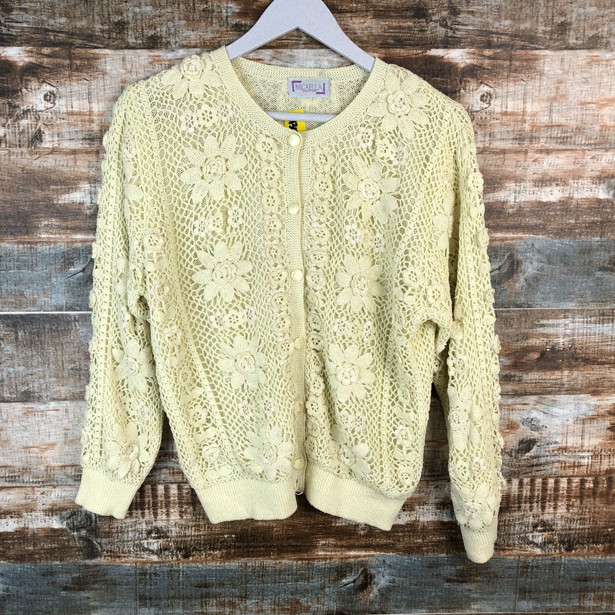 Japanese Brand Micaella Patterned crochet meshnet Cardigan Knitwear #A1343 Size M / US 6-8 / IT 42-44 - 3 Thumbnail