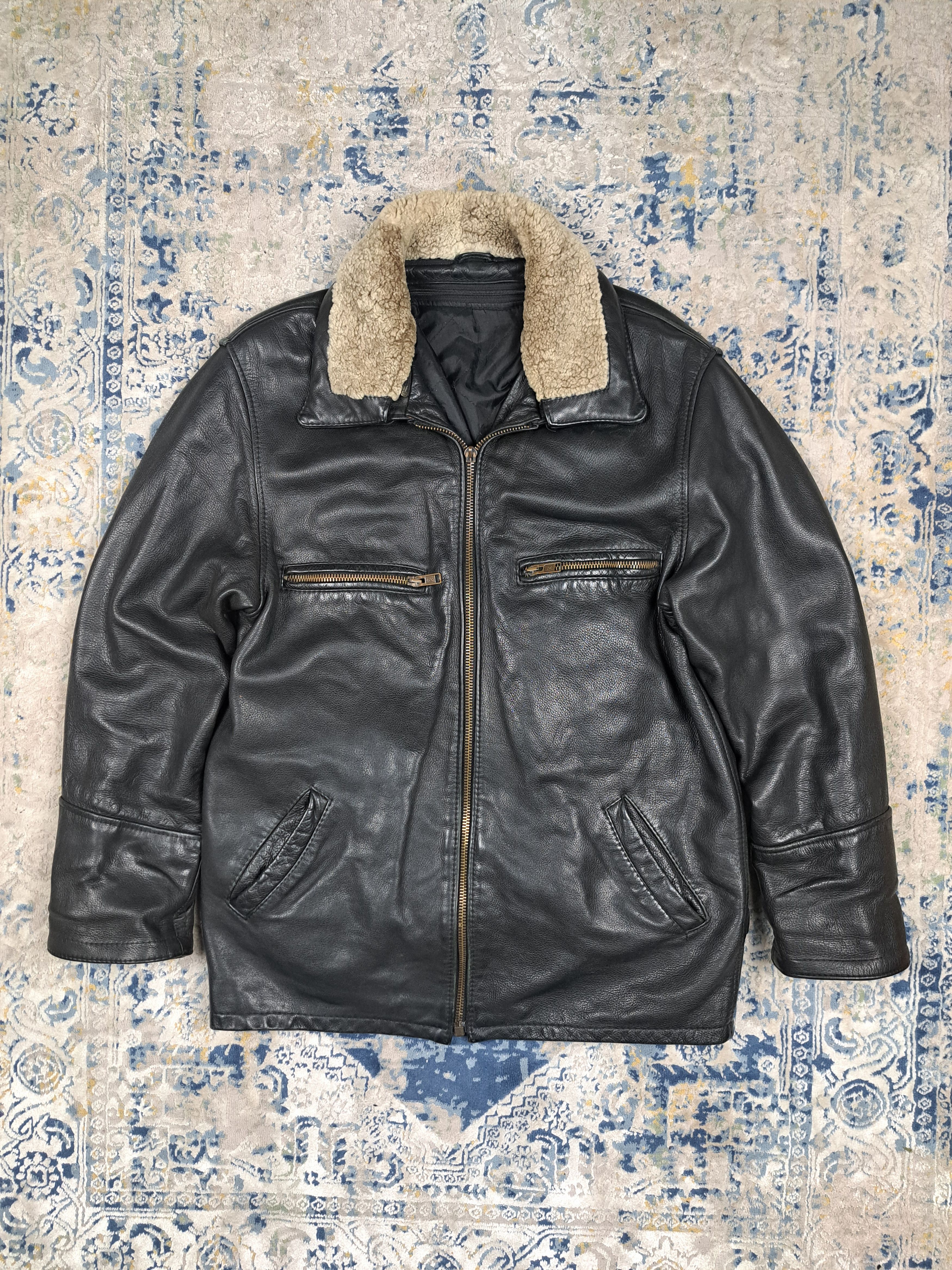 image of Archival Clothing x Genuine Leather Shearling Collar Flyer Jacket Raf Pilot in Black (Size Large)