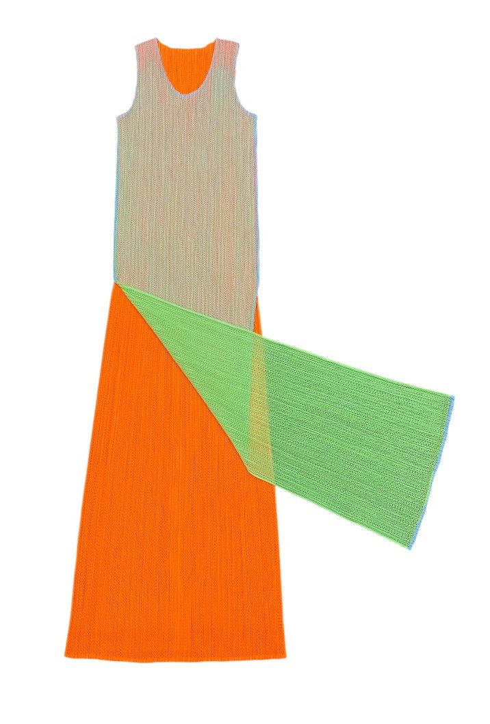Pleats Please Issey Miyake Pleats Please Fluorescent Green Orange Mesh Overlay Dress Size L / US 10 / IT 46 - 4 Thumbnail
