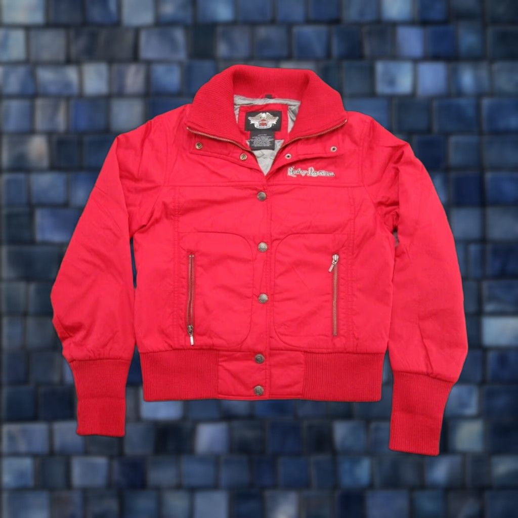 Harley Davidson Women's Harley-Davidson Zip Snap Up Red Nylon Jacket Medium Embroidered Jacket Harley-Davidson Red Nylon Zip Embroidered Women’s Size M Biker Coat Size M / US 6-8 / IT 42-44 - 1 Thumbnail