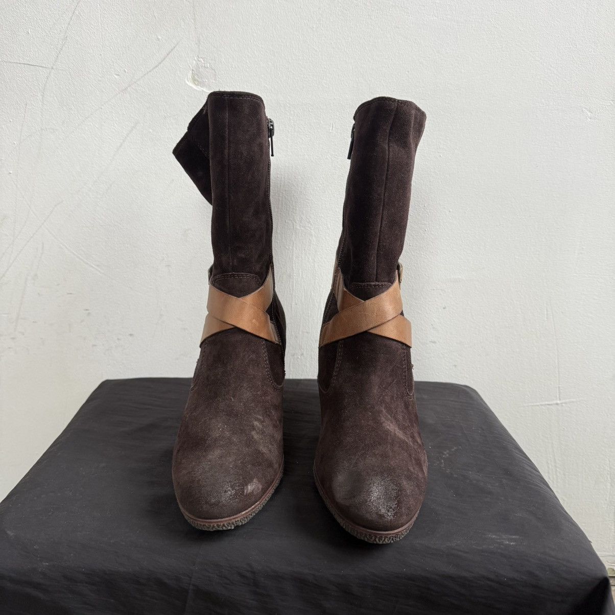 Japanese Brand Paul Green Brown Suede Wedge Boots With Buckles Size US 8 / IT 38 - 3 Thumbnail