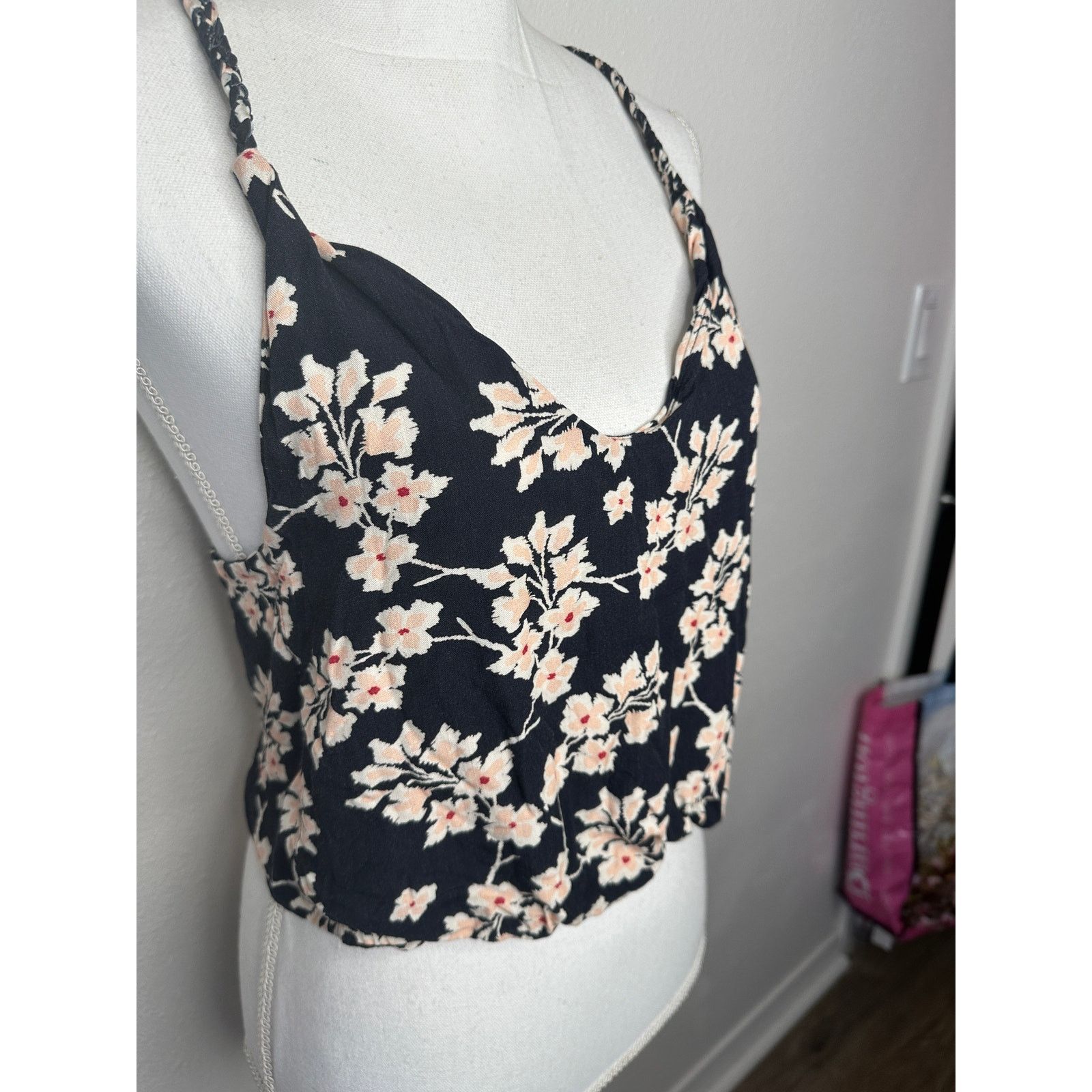 Other Boho Floral Braided Twist Back Tank Top Black Peach Linen Size XS / US 0-2 / IT 36-38 - 4 Thumbnail