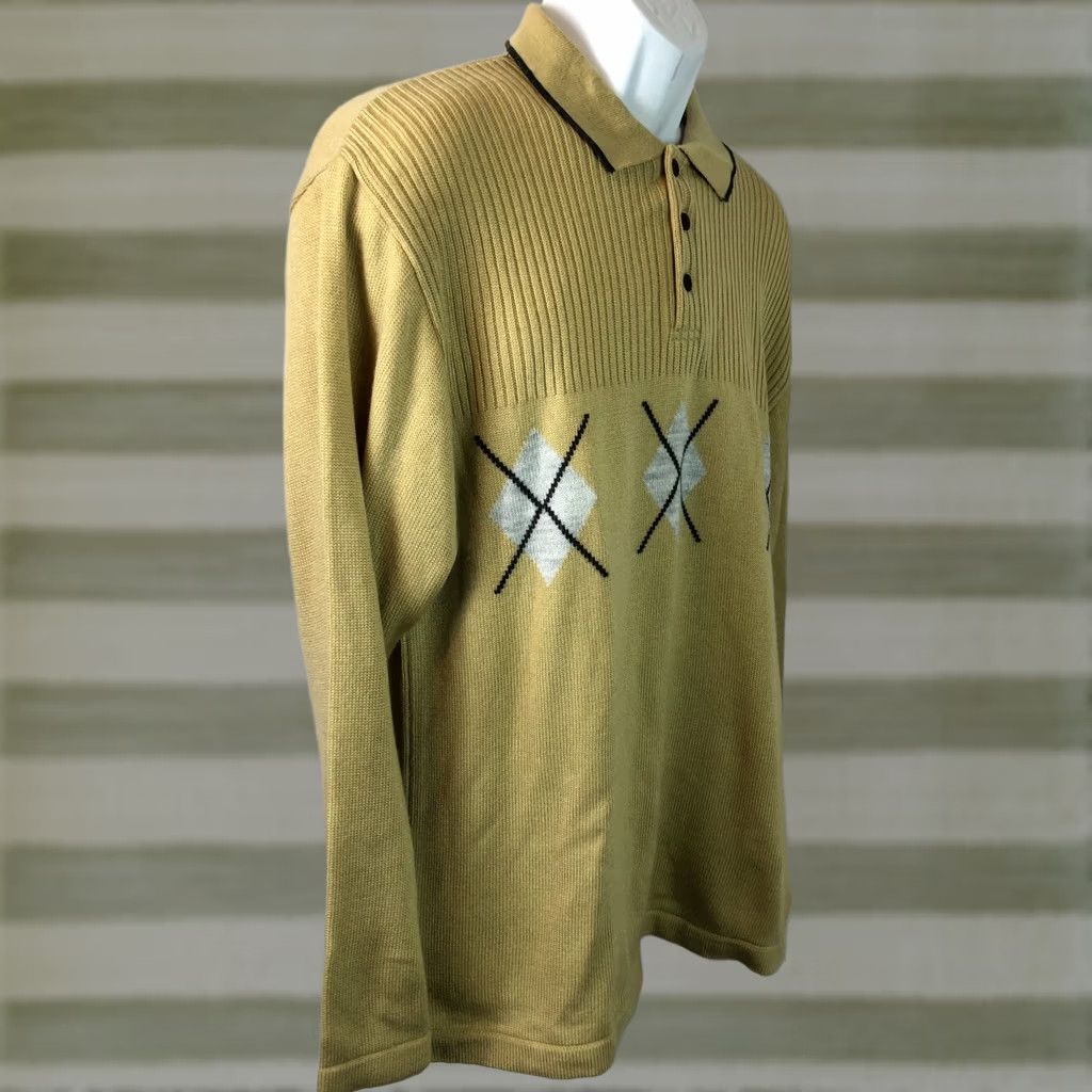 Vintage Adolfo golf sweater M Gold Argyle Knit Preppy polo collar 3 button long sleeve Size US M / EU 48-50 / 2 - 1 Thumbnail