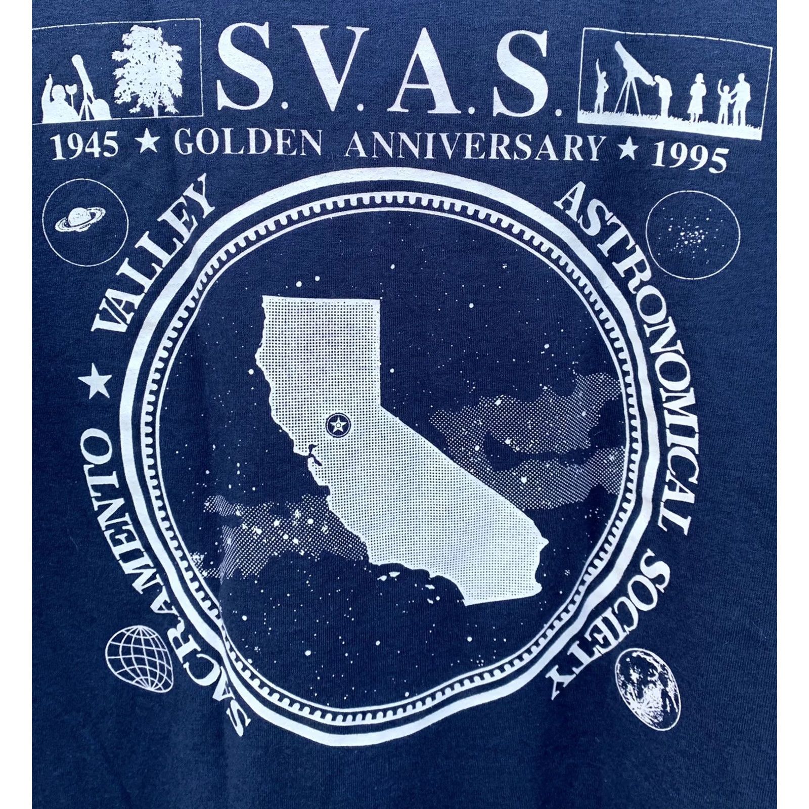 Fruit Of The Loom VINTAGE Fruit of the Loom SVAS 50th Anniversary Celebration pocket tee 1995 Astronomical M Blue Unisex Shirt 1990s Boys Girls Mens Womens Size US M / EU 48-50 / 2 - 6 Thumbnail