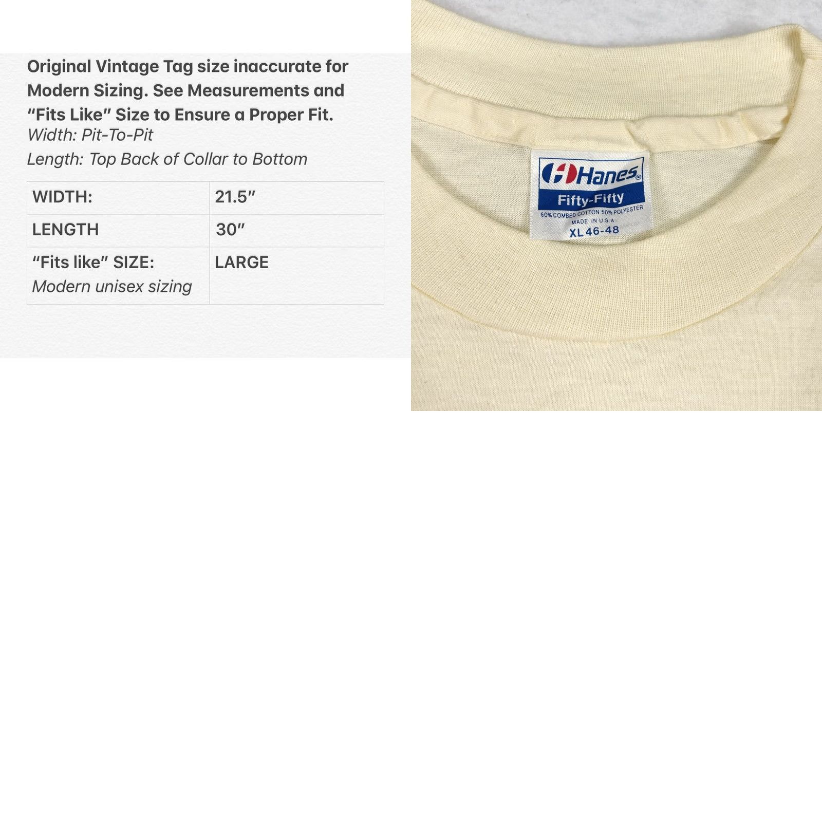 Hanes VINTAGE Norman Prince Chorus T-Shirt L Large Ivory 80s Mens Hanes Cotton Blend Shirt 80s Theme Size US L / EU 52-54 / 3 - 8 Thumbnail