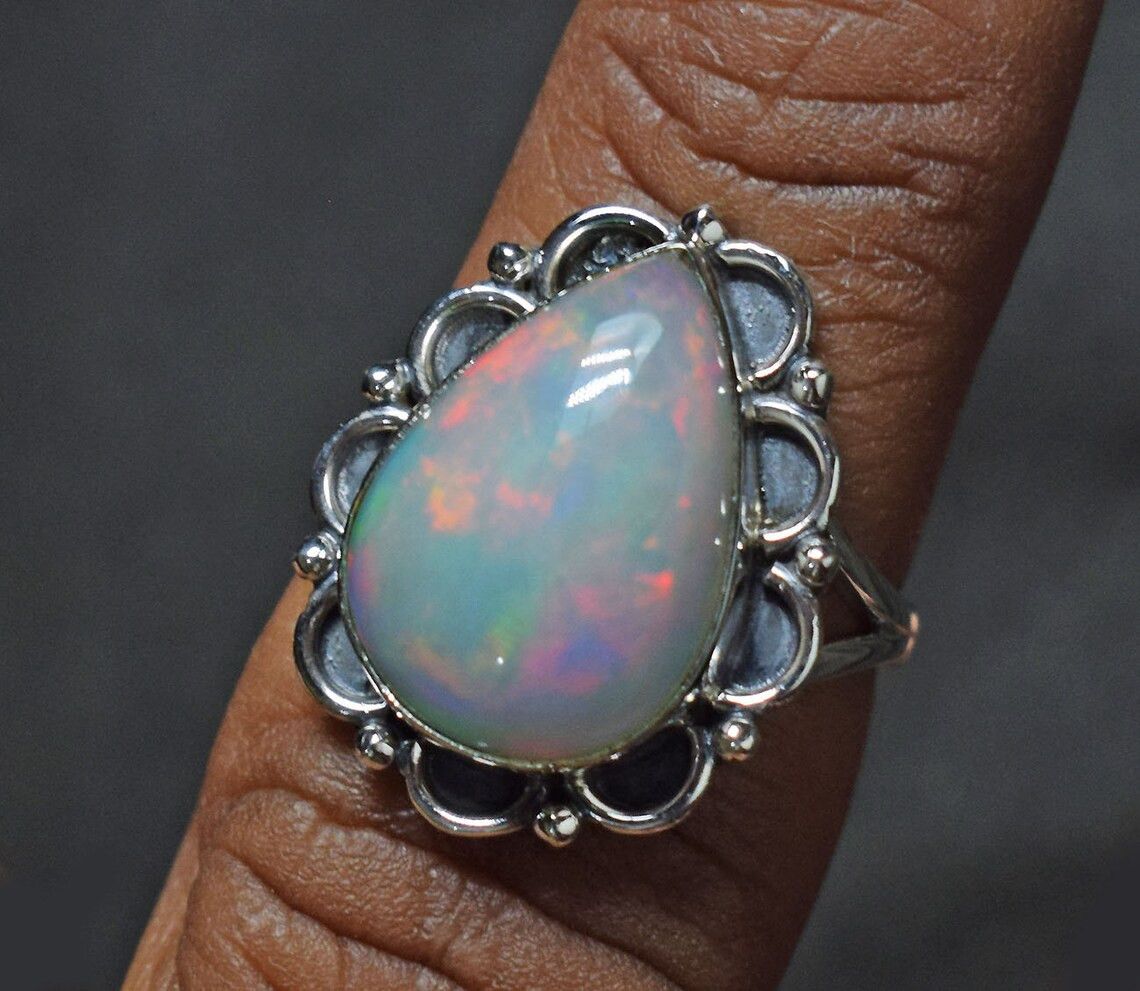 Handmade Natural Ethiopian Opal Ring: Pear Stone, 925 Sterling Silver Size ONE SIZE - 1 Thumbnail