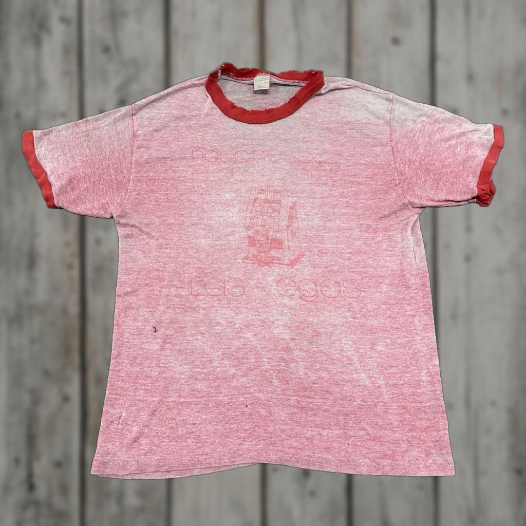 VINTAGE Hanes T-Shirt 80s Red Short Sleeve Crew Neck Men L Happiness is a hot slot Las Vegas Faded Ringer Tee Grunge Logo
