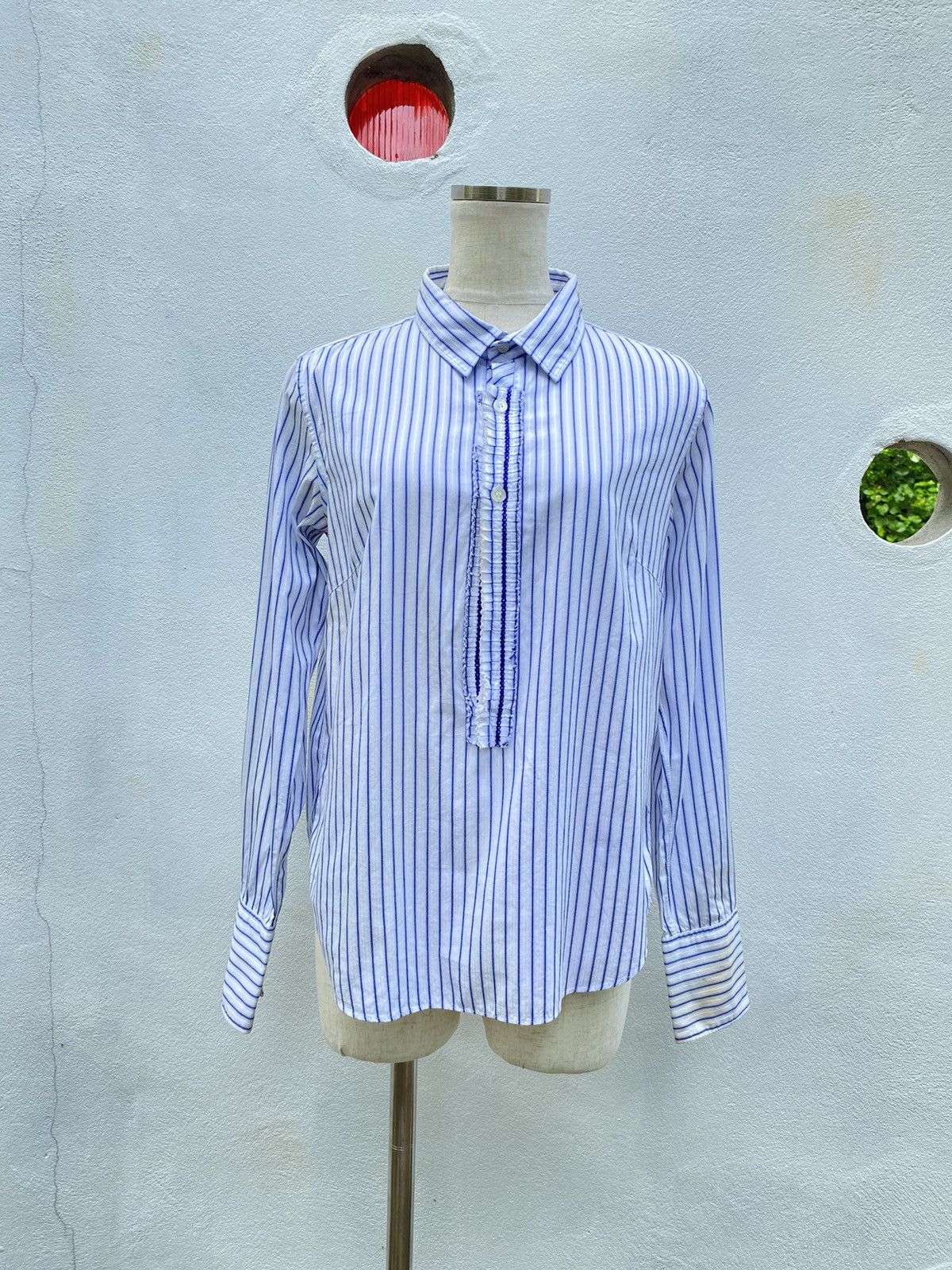 Zucca Zucca Blue Striped Ruffle-Front Polo Shirt Size S / US 4 / IT 40 - 3 Thumbnail