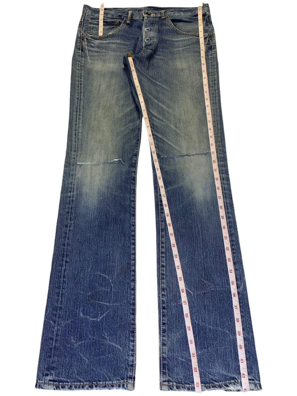 Japanese Brand Vintage Blue Way Faded Wash Distressed Bootcut Jeans Size US 33 - 12 Thumbnail