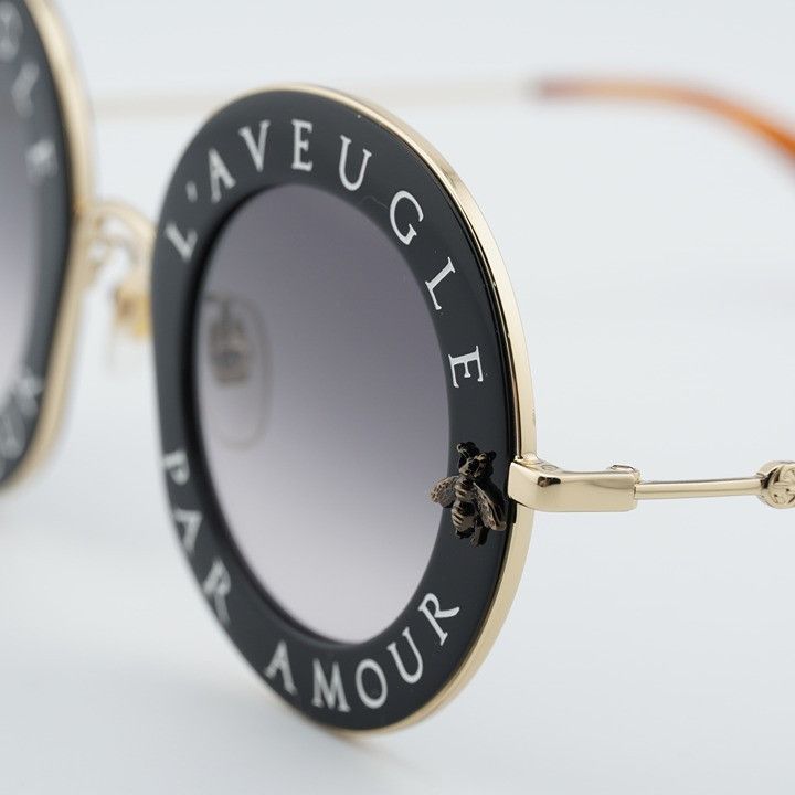 Gucci Gucci GG0113S 001 Sunglasses Black Gold Round Frame, Grey Size ONE SIZE - 9 Thumbnail